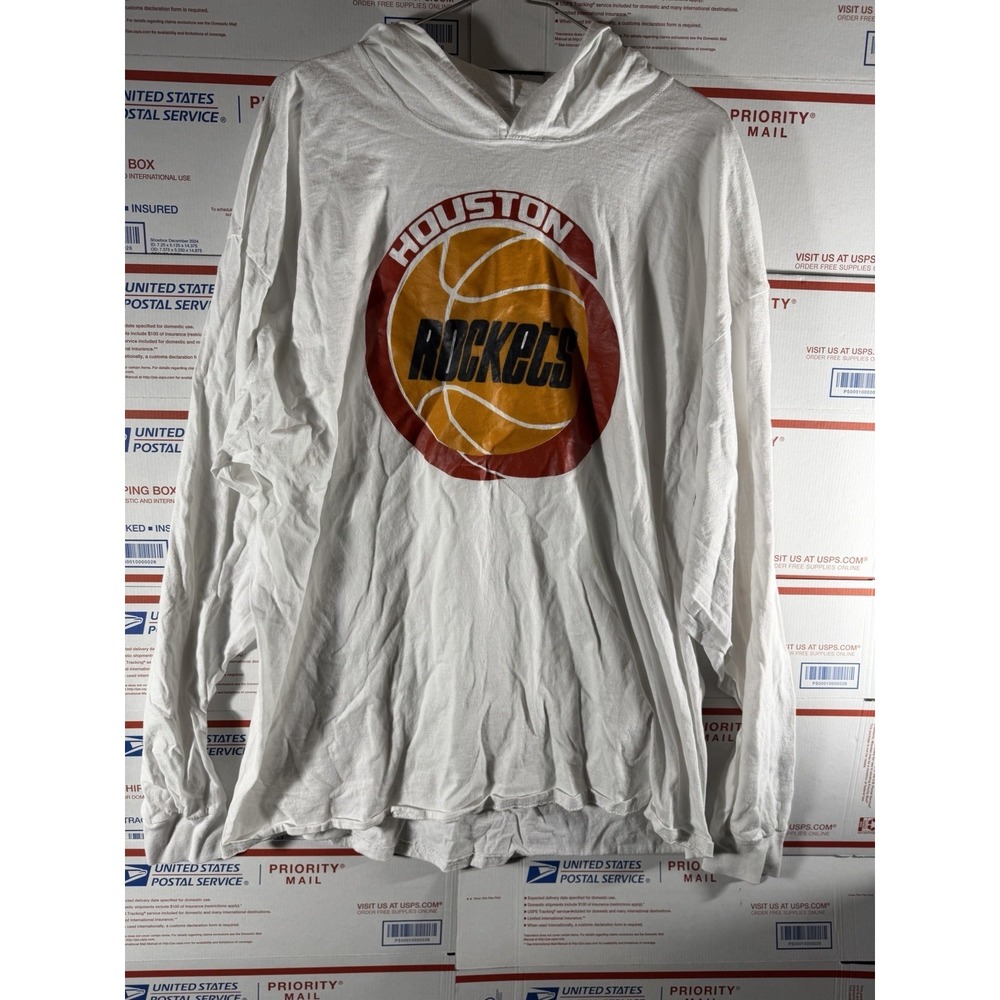 Vintage 80s 90s HOUSTON‎ ROCKETS White HOODIE SHIRT SZ 2XL LONG SLEEVE PULLOVER
